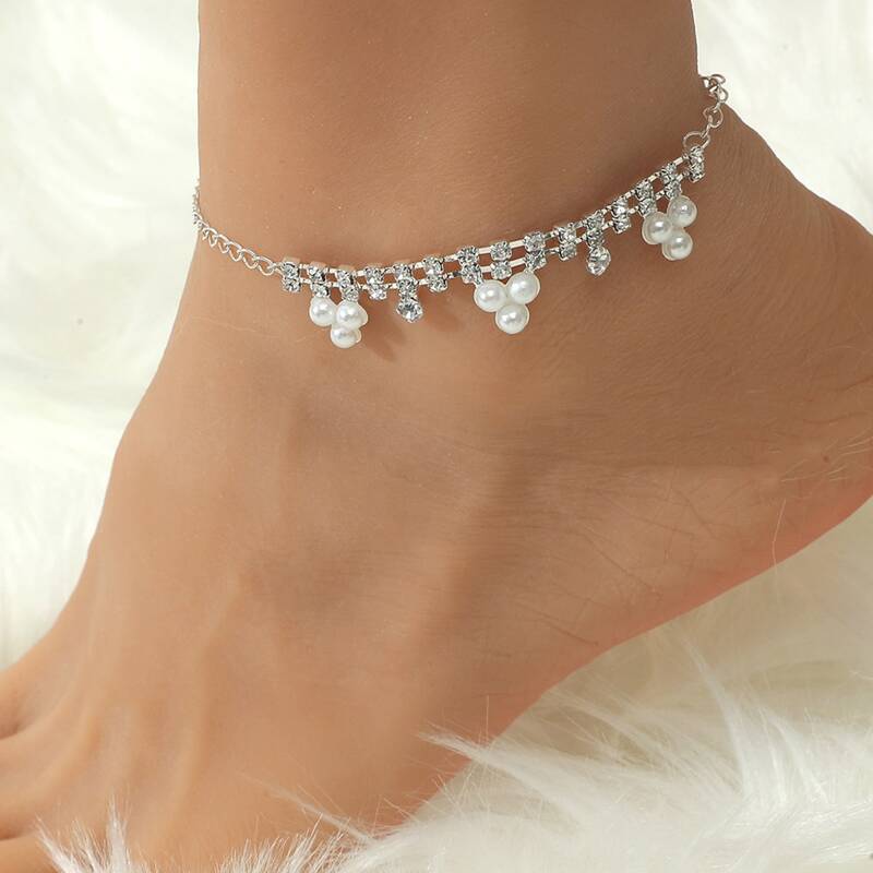 

Faux Pearl & Rhinestone Anklet, Silver