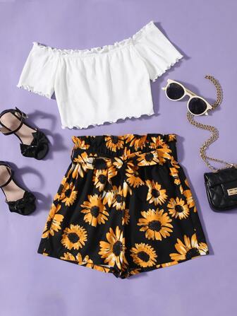 طقم شورت بحزام بخصر مكشكش ورقي مع لباس علوي مقلم نمط الخس مكشوف الكتف للبنات المراهقات