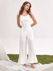 Ruffle Trim Bow Front Ruffle Hem Wide Leg Jumpsuit - White - View 1