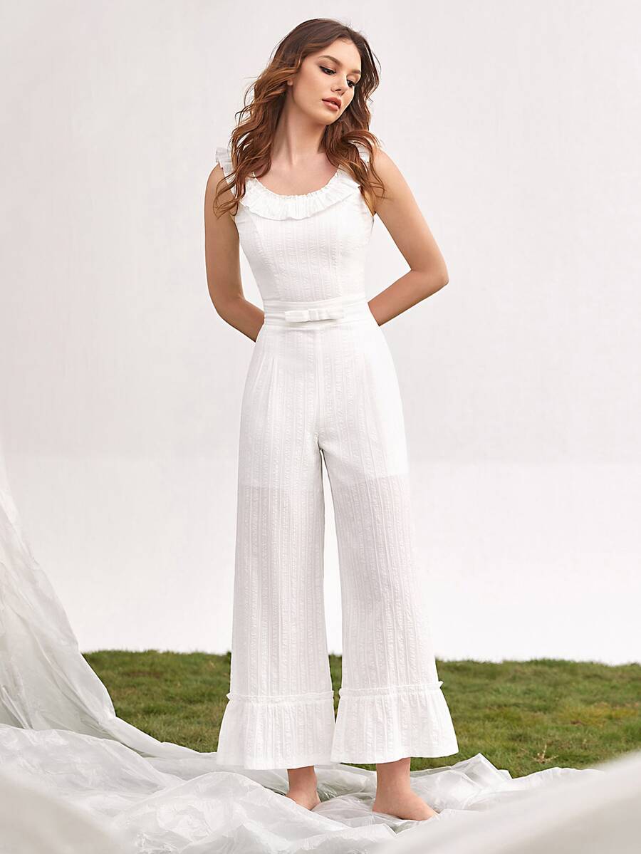 Ruffle Trim Bow Front Ruffle Hem Wide Leg Jumpsuit - White - View 1