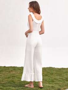 Ruffle Trim Bow Front Ruffle Hem Wide Leg Jumpsuit - White - View 2