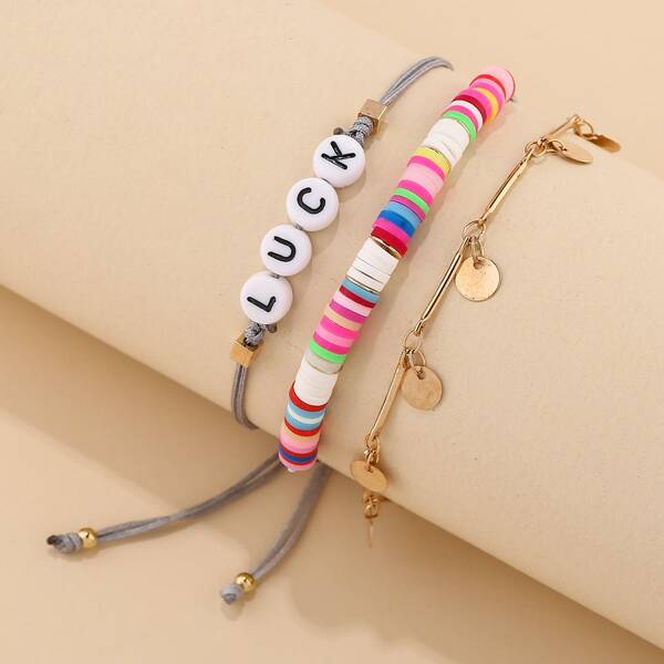 

3pcs Letter Bead Decor Bracelet, Multicolor