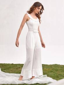 Ruffle Trim Bow Front Ruffle Hem Wide Leg Jumpsuit - White - View 3