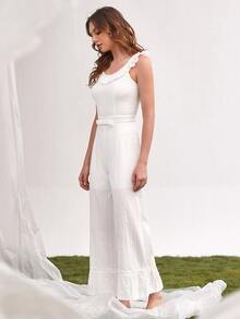 Ruffle Trim Bow Front Ruffle Hem Wide Leg Jumpsuit - White - View 4
