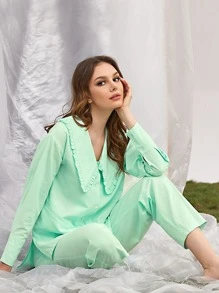 Conjunto Blusa Larga Y Pantalones Con Cuello De Declaración - verde menta - Ver 1