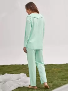 Conjunto Blusa Larga Y Pantalones Con Cuello De Declaración - verde menta - Ver 2