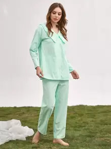 Conjunto Blusa Larga Y Pantalones Con Cuello De Declaración - verde menta - Ver 3