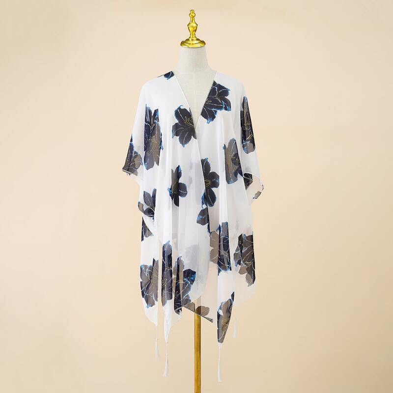

Flower Print Scarf, Blue and white