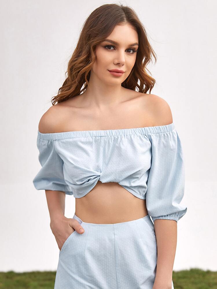 Off Shoulder Lantern Sleeve Twist Crop Top