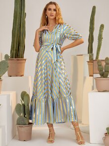 SHEIN Maternity Two Tone Striped Puff Sleeve Ruffle Hem Belted Dress - Multicolor - View 2