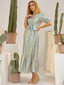 SHEIN Maternity Two Tone Striped Puff Sleeve Ruffle Hem Belted Dress - Multicolor - View 5