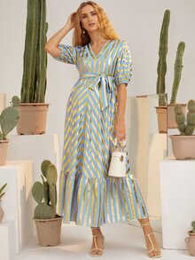SHEIN Maternity Two Tone Striped Puff Sleeve Ruffle Hem Belted Dress - Multicolor - View 6