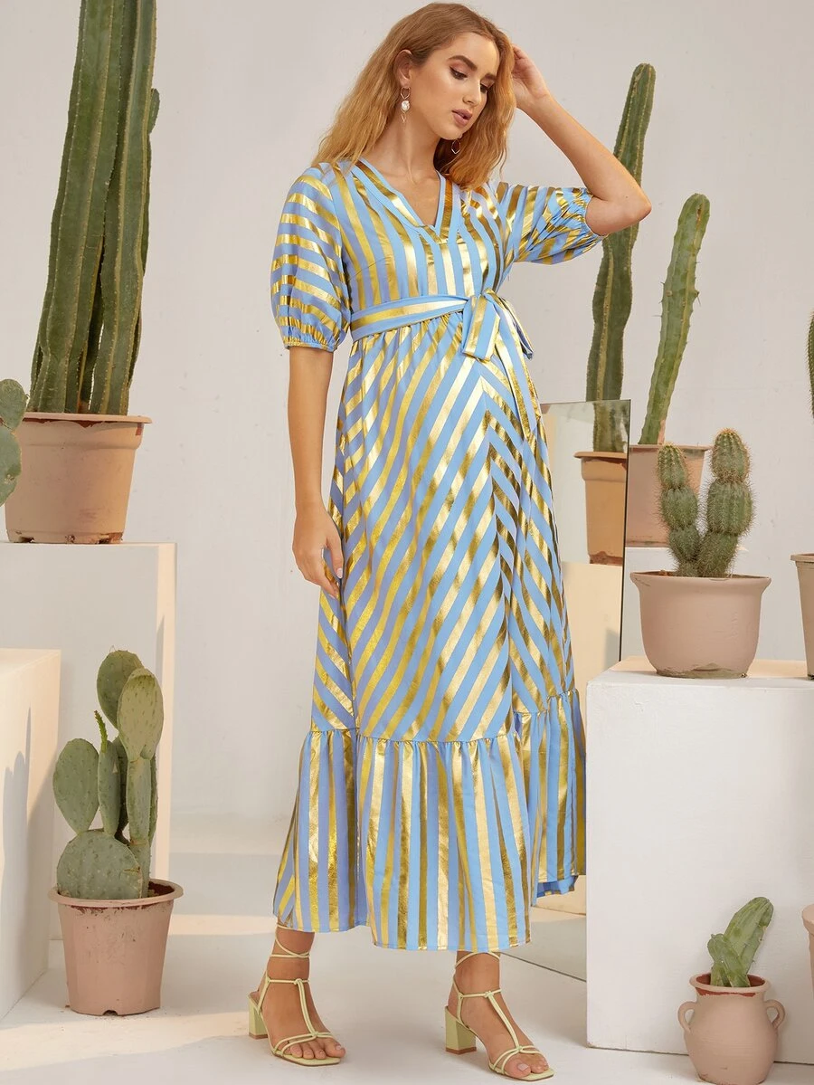 SHEIN Maternity Two Tone Striped Puff Sleeve Ruffle Hem Belted Dress - Multicolor - View 1
