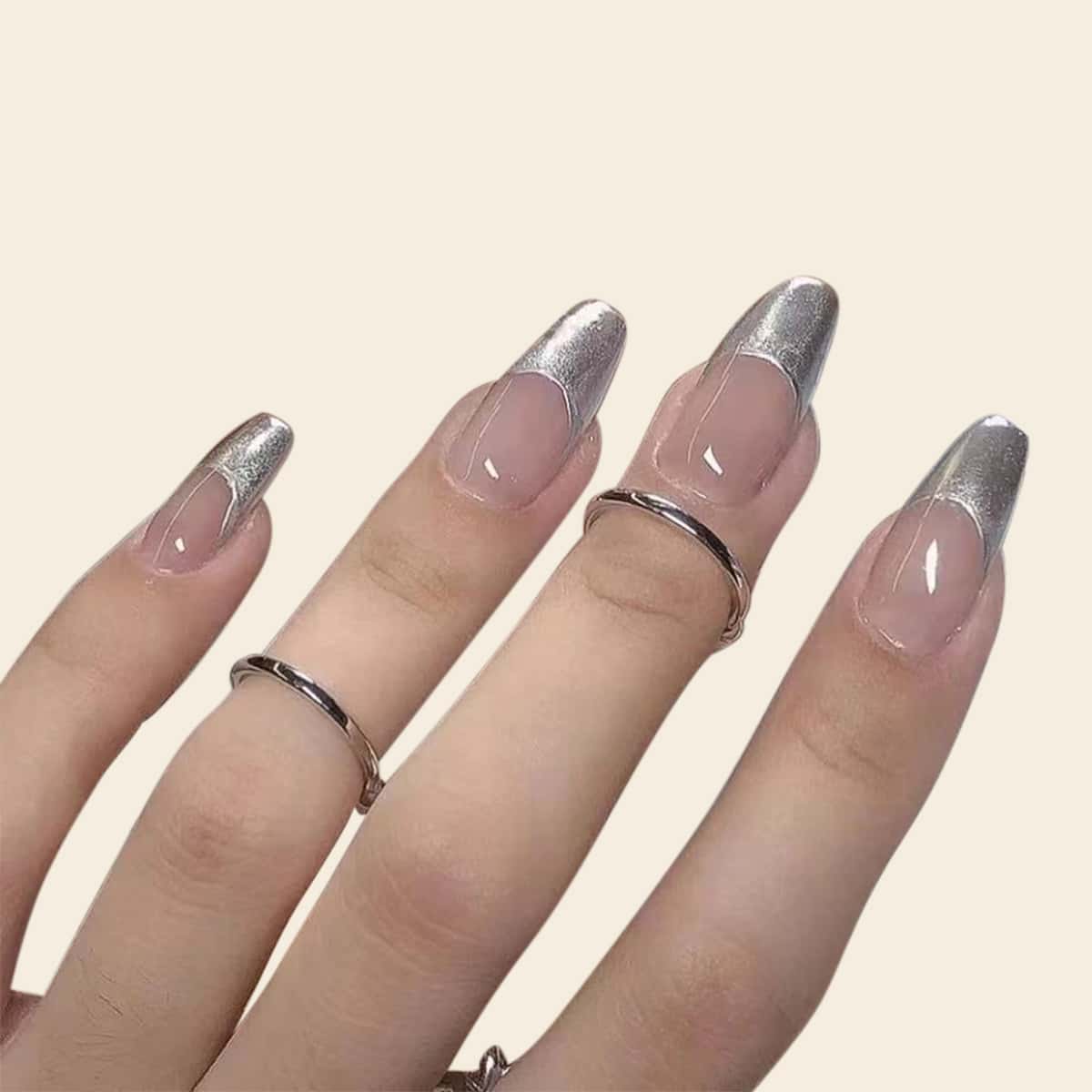 

24pcs French Style Fake Nail & 1sheet Tape & 1pc Nail File, Silver