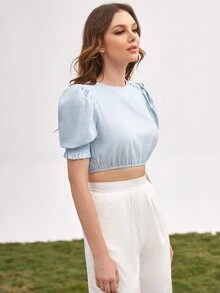 SHEIN Unity Top Corto De Manga Abullonada Fruncido - Celeste - Ver 3