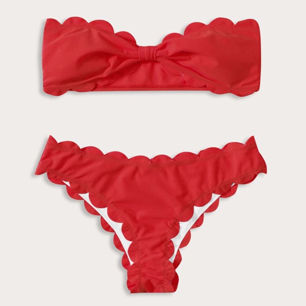 

Scallop Trim Bandeau Bikini Swimsuit, Red