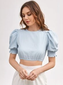 SHEIN Unity Top Corto De Manga Abullonada Fruncido - Celeste - Ver 5