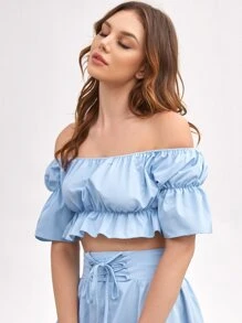 Off Shoulder Bell Sleeve Peplum Top - Baby Blue - View 1