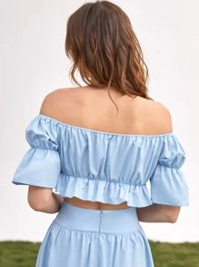 Off Shoulder Bell Sleeve Peplum Top - Baby Blue - View 2