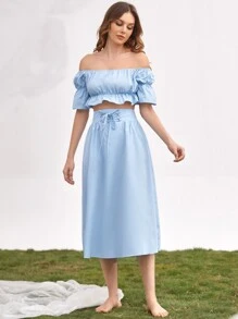 Off Shoulder Bell Sleeve Peplum Top - Baby Blue - View 3