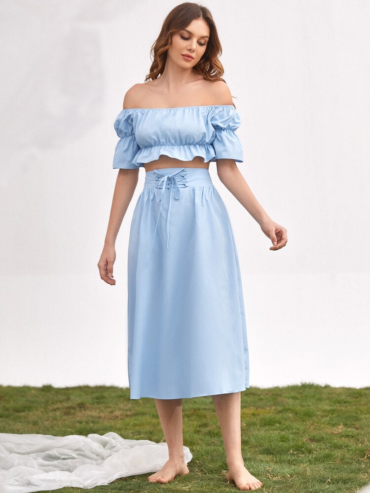 Off Shoulder Bell Sleeve Peplum Top - Baby Blue - View 3