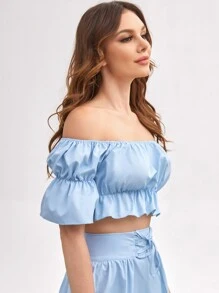 Off Shoulder Bell Sleeve Peplum Top - Baby Blue - View 5