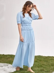 SHEIN Unity Vestido De Mangas Abullonadas Con Atado Trasero Sin Respaldo, Con Pliegues Fruncidos Y Dobladillo Con Volantes - Celeste - Ver 3