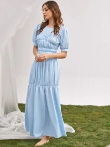 SHEIN Unity Vestido De Mangas Abullonadas Con Atado Trasero Sin Respaldo, Con Pliegues Fruncidos Y Dobladillo Con Volantes - Celeste - Ver 4