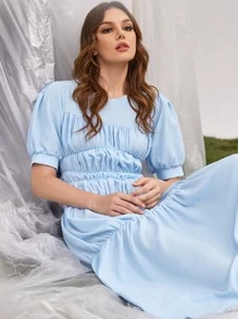 SHEIN Unity Vestido De Mangas Abullonadas Con Atado Trasero Sin Respaldo, Con Pliegues Fruncidos Y Dobladillo Con Volantes - Celeste - Ver 5