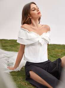 SHEIN Unity Tie Front Frill Off Shoulder Top - White - View 1