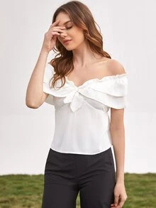 SHEIN Unity Tie Front Frill Off Shoulder Top - White - View 3