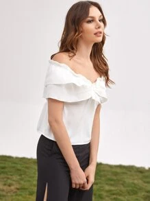 SHEIN Unity Tie Front Frill Off Shoulder Top - White - View 5
