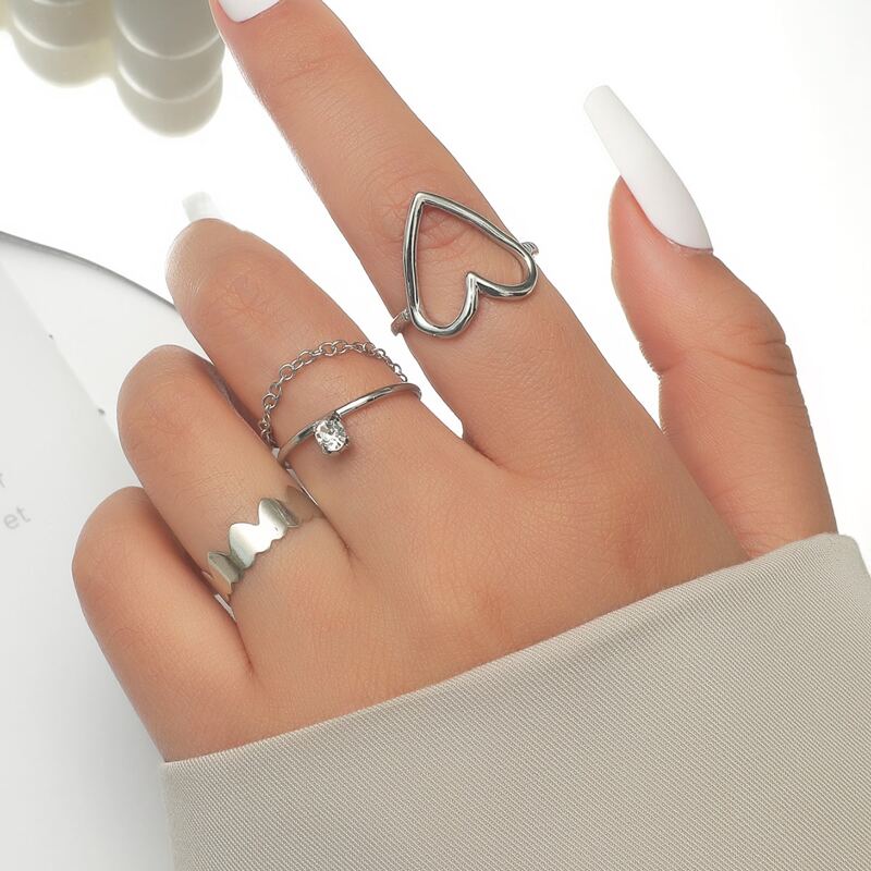

3pcs Heart Decor Ring, Silver