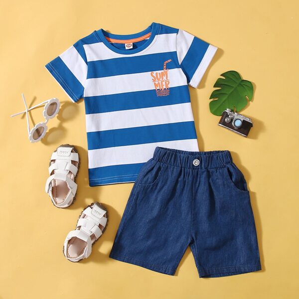 

Toddler Boys Striped Letter Graphic Tee With Denim Shorts, Blue and white