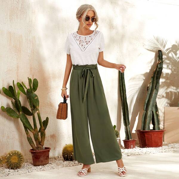 

Paperbag Waist Belted Wide Leg Pants, Army green