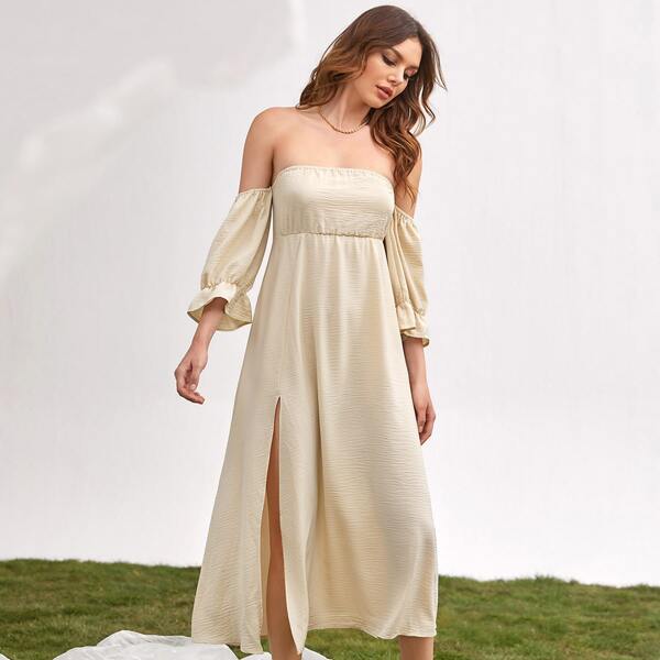 

Off Shoulder Flounce Sleeve Split Thigh Dress, Apricot