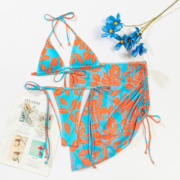 

3pack Leaf Print Micro Triangle Bikini Swimsuit & Beach Skirt, Multicolor