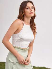 後繫帶素色吊帶短版上衣 - 白色 - 查看 1