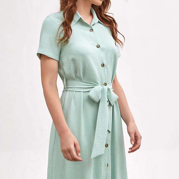 

Solid Button Front Belted Slit Hem Shirt Dress, Mint green