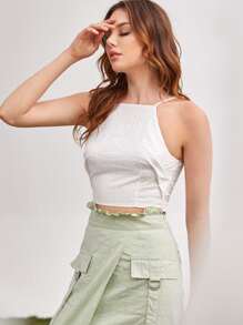 後繫帶素色吊帶短版上衣 - 白色 - 查看 4