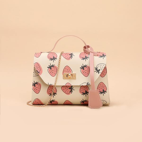 

Twist Lock Strawberry Graphic Chain Satchel Bag, Beige