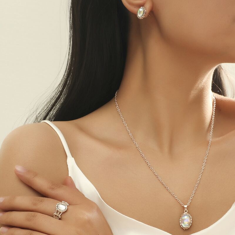 

4pcs Holographic Rhinestone Jewelry Set, Rose gold