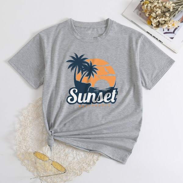 

Tropical And Letter Graphic Tee, Light grey