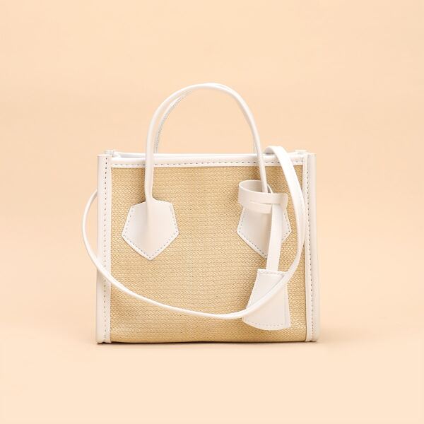 

Two Tone Straw Design Satchel Bag, White