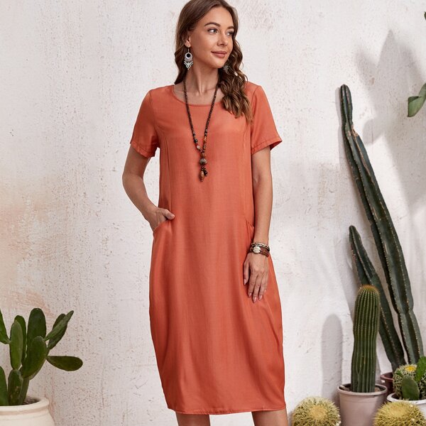 

Dual Pockets Midi Tunic Dress, Orange
