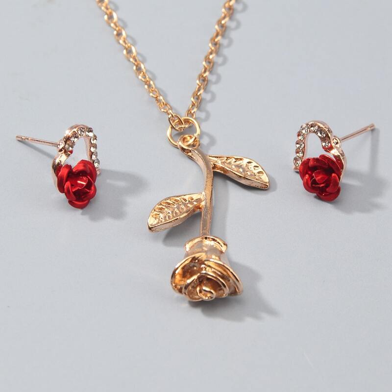 

3pcs Rose & Heart Jewelry Set, Gold