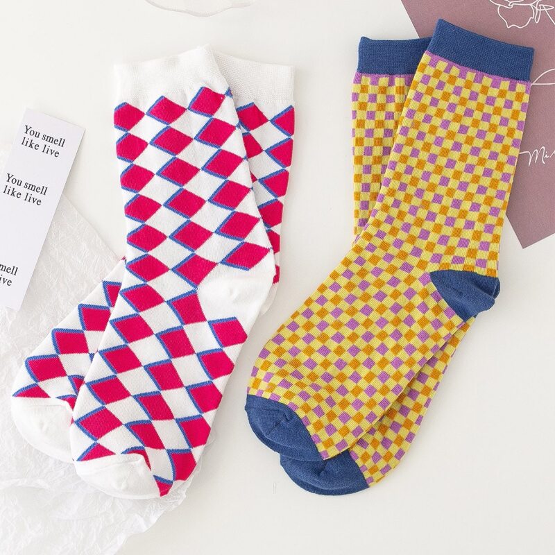 

2pairs Plaid Crew Socks, Multicolor
