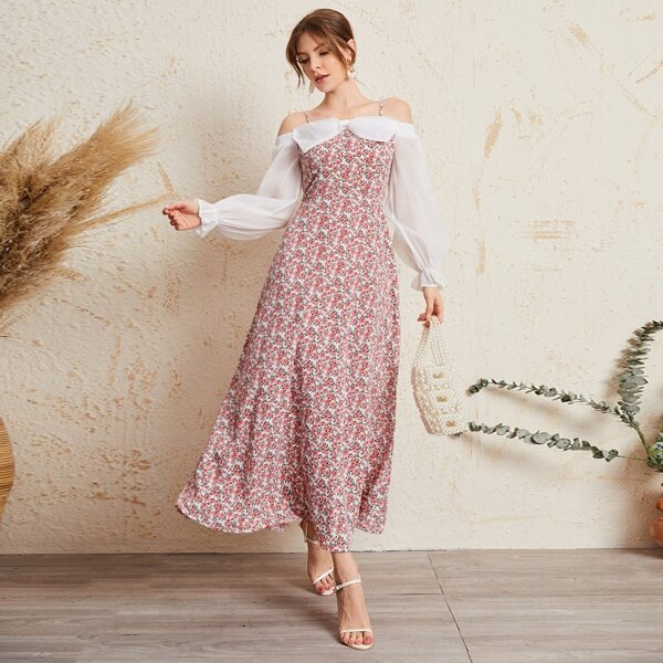 

Cold Shoulder Bow Front Bell Sleeve Ditsy Floral Dress, Multicolor