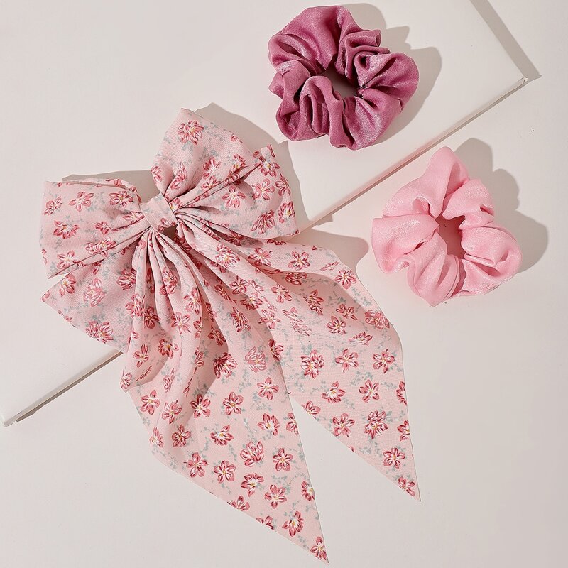 

1pc Floral Bow Hair Clip & 2pcs Scrunchie, Multicolor