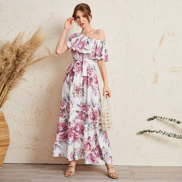 

Asymmetrical Neck Belted Floral Print Dress, Multicolor